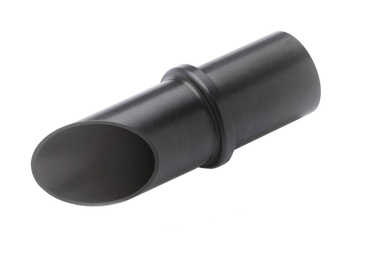 Black plastic funnel-shaped nozzle attachment on a white background