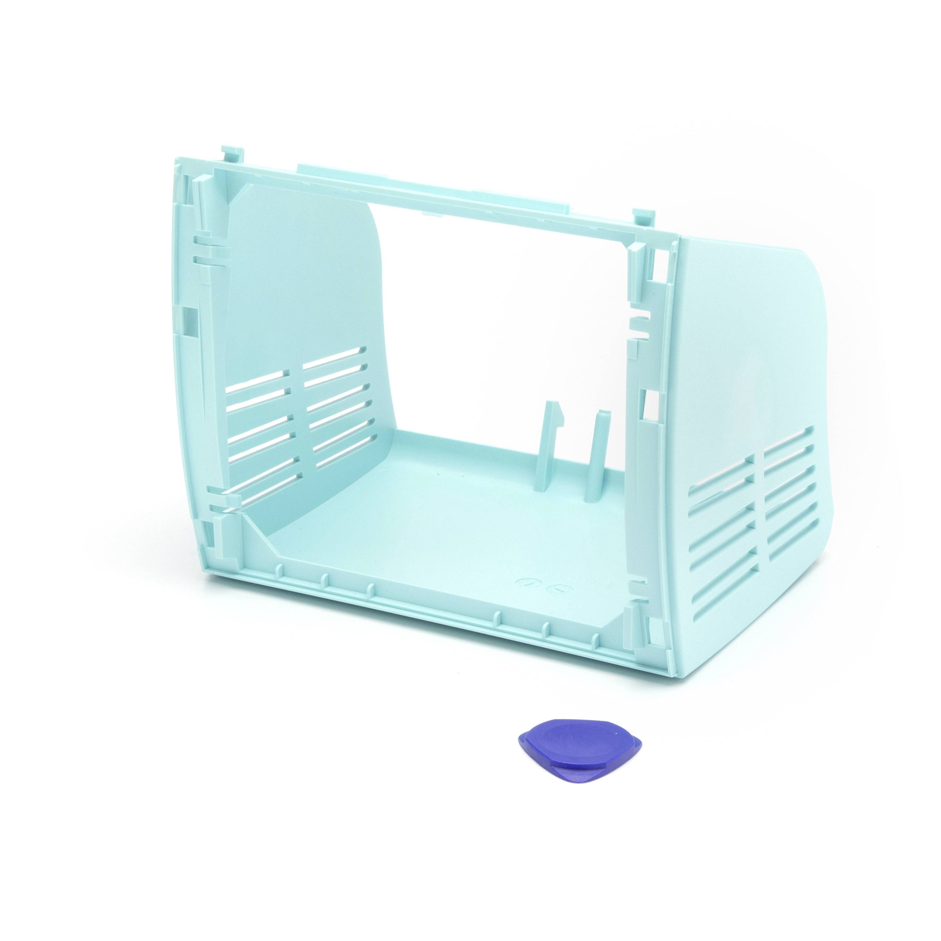 Light blue plastic appliance housing with vents and an open front, shown with a small blue detached cap below on a white background.