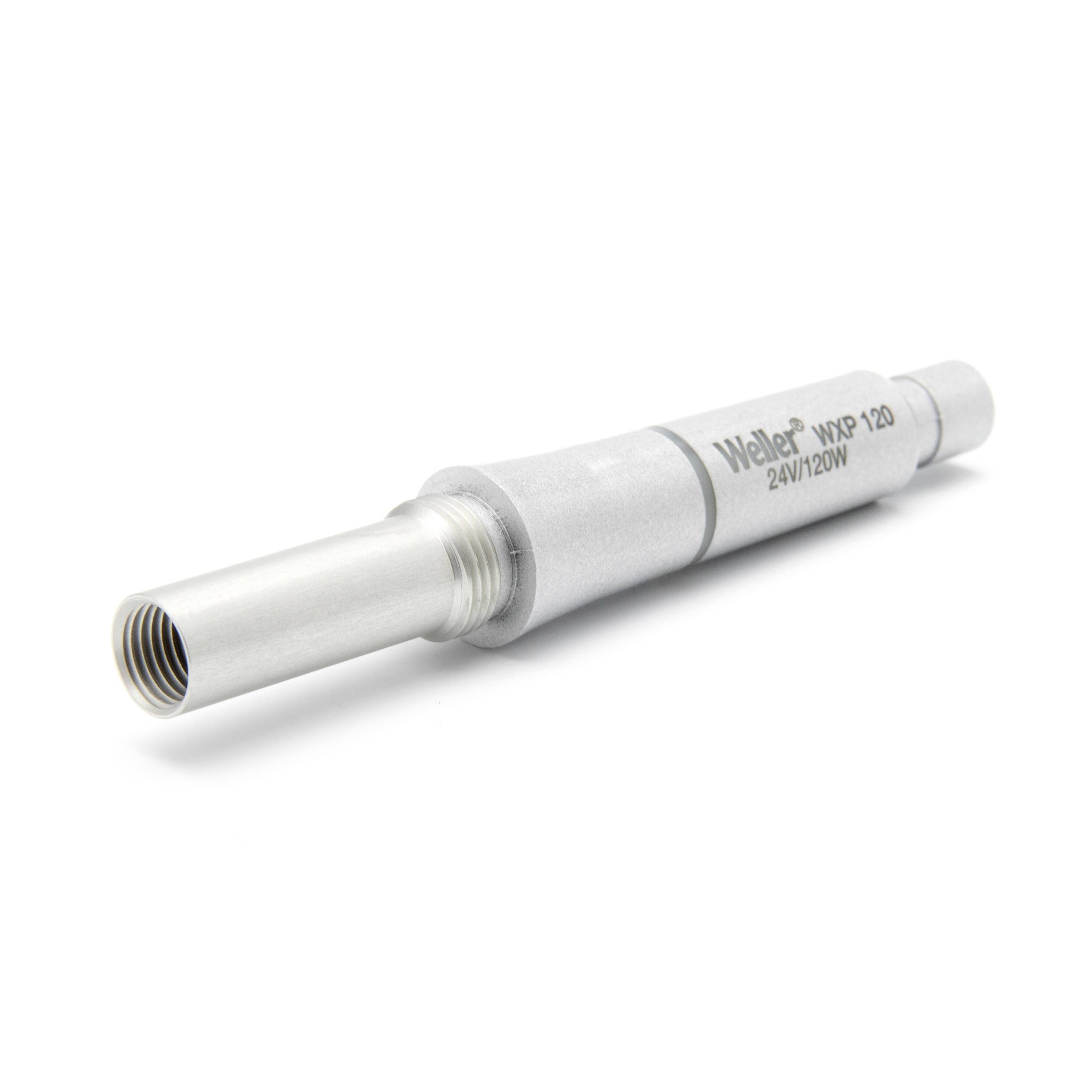 Silver Weller WPX 120 24V/120W cylindrical heating element with threaded metal tip on white background