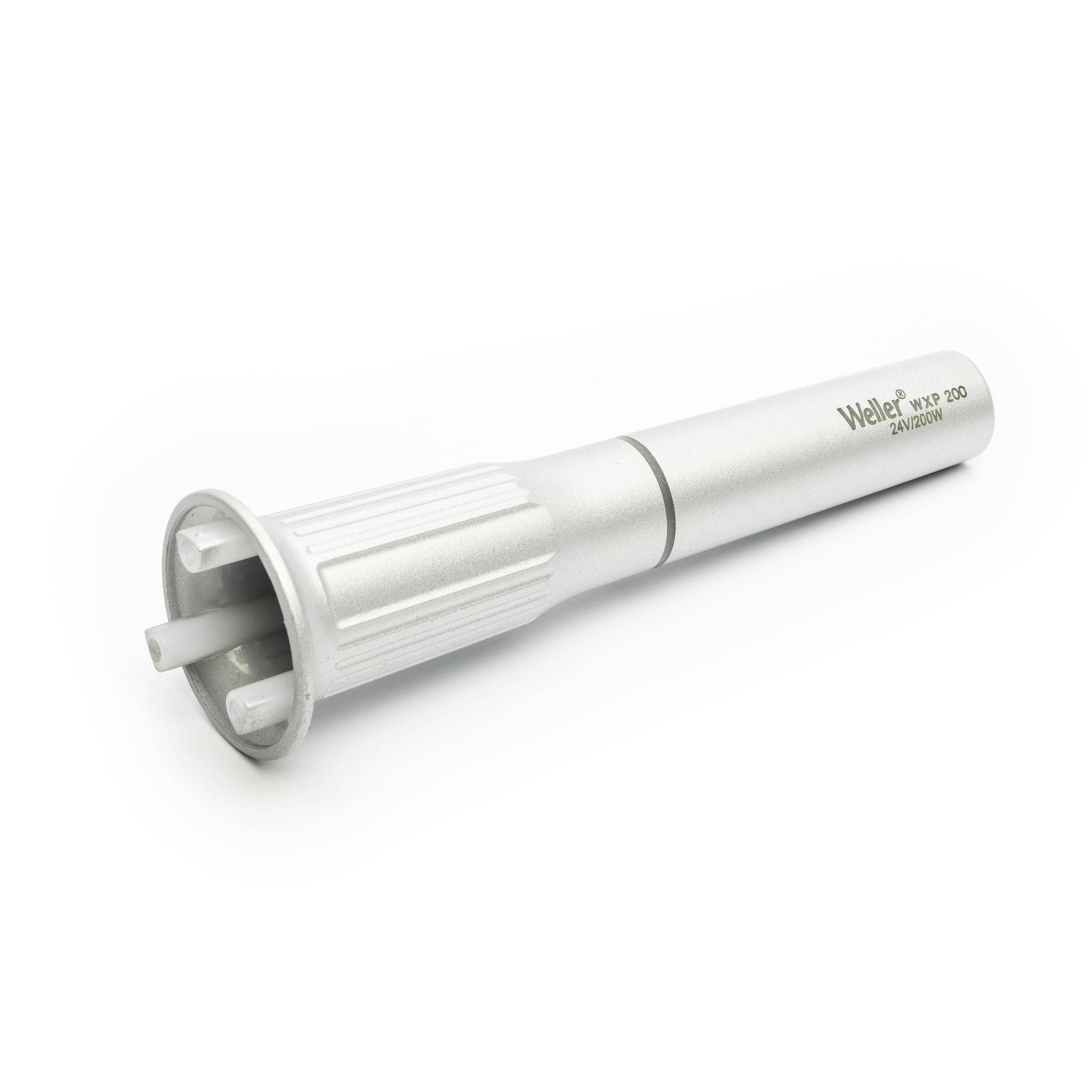 Silver handheld metal tool with a ribbed grip and flared head, labeled 'Weller WXP 200 24V/200W', shown on a white background.