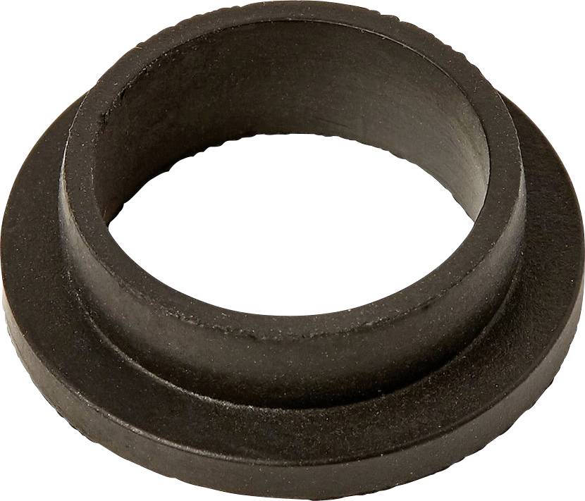 Bague de montage en caoutchouc noir ou joint d'étanchéité avec une large ouverture circulaire, présenté sur un fond blanc.