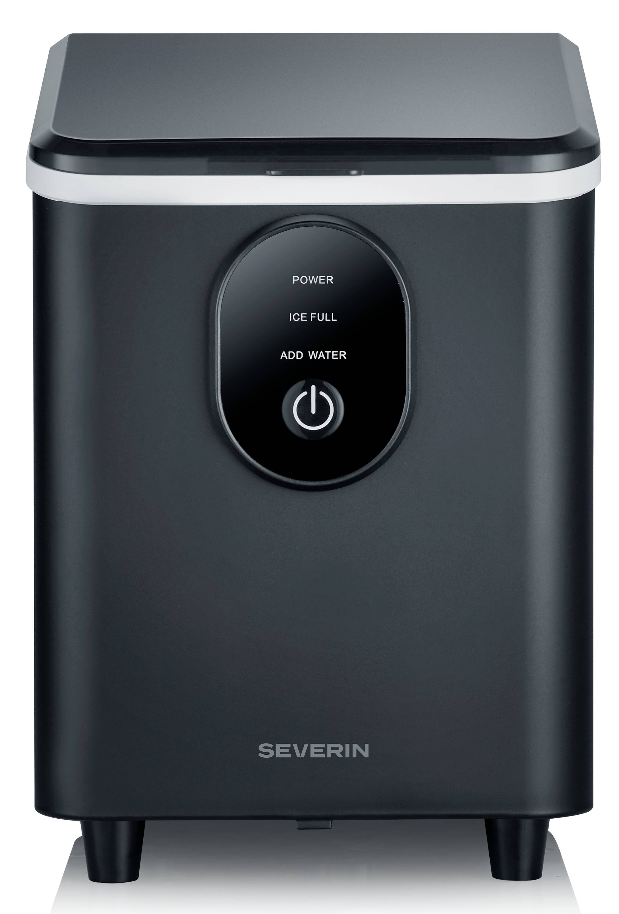 Petit fabricant de glaçons de comptoir Severin noir avec panneau de commande frontal étiqueté « POWER », « ICE FULL » et « ADD WATER » et un bouton d'alimentation.