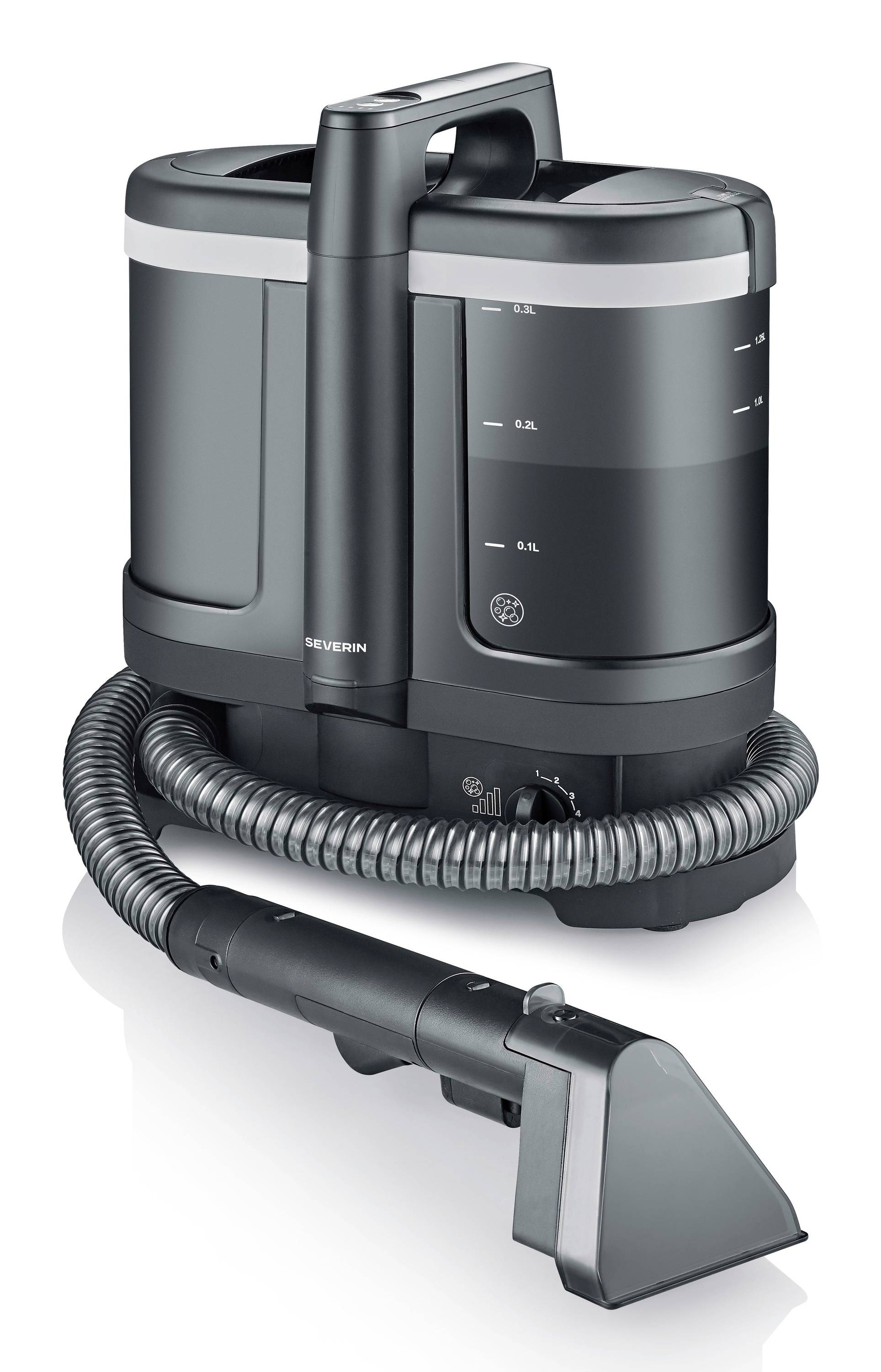 Aspirateur à bidon noir avec tuyau et embout de sol, présenté sur fond blanc.
