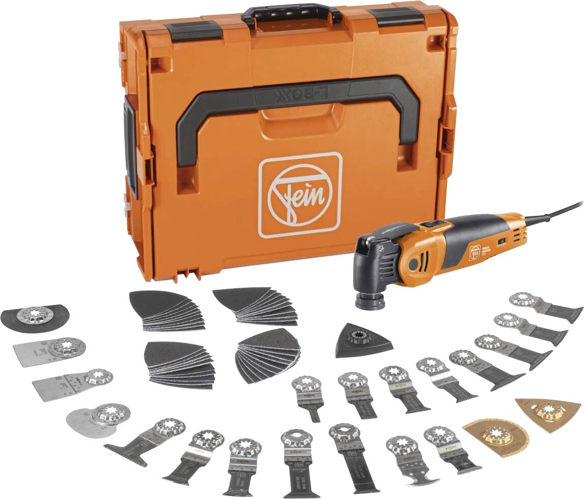 Mallette d'outils FEIN orange avec un multi-outil oscillant sans fil et un assortiment d'accessoires de coupe et de ponçage disposés devant.