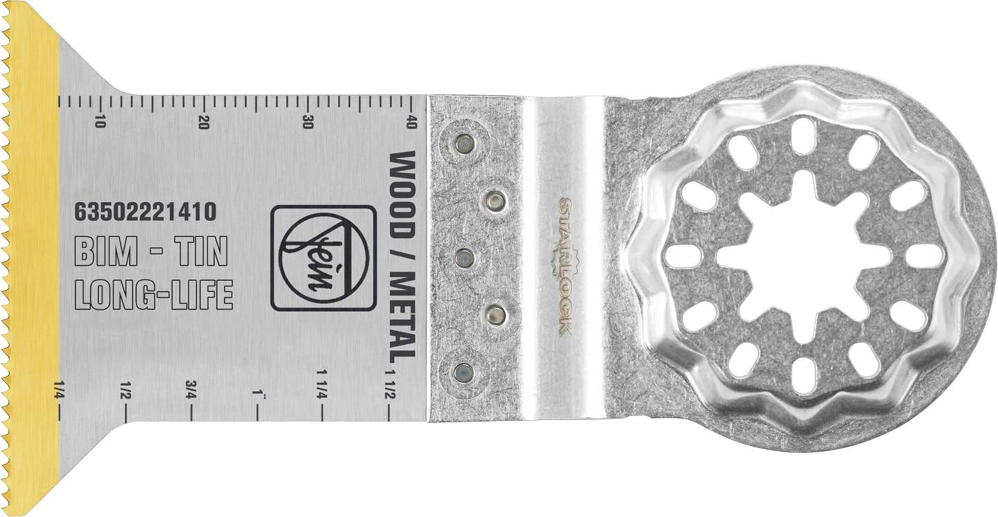 Lame de scie multioutil oscillante avec étiquettes imprimées « BIM-TIN LONG-LIFE » et « 0000 M/METAL », présentée sur fond blanc.