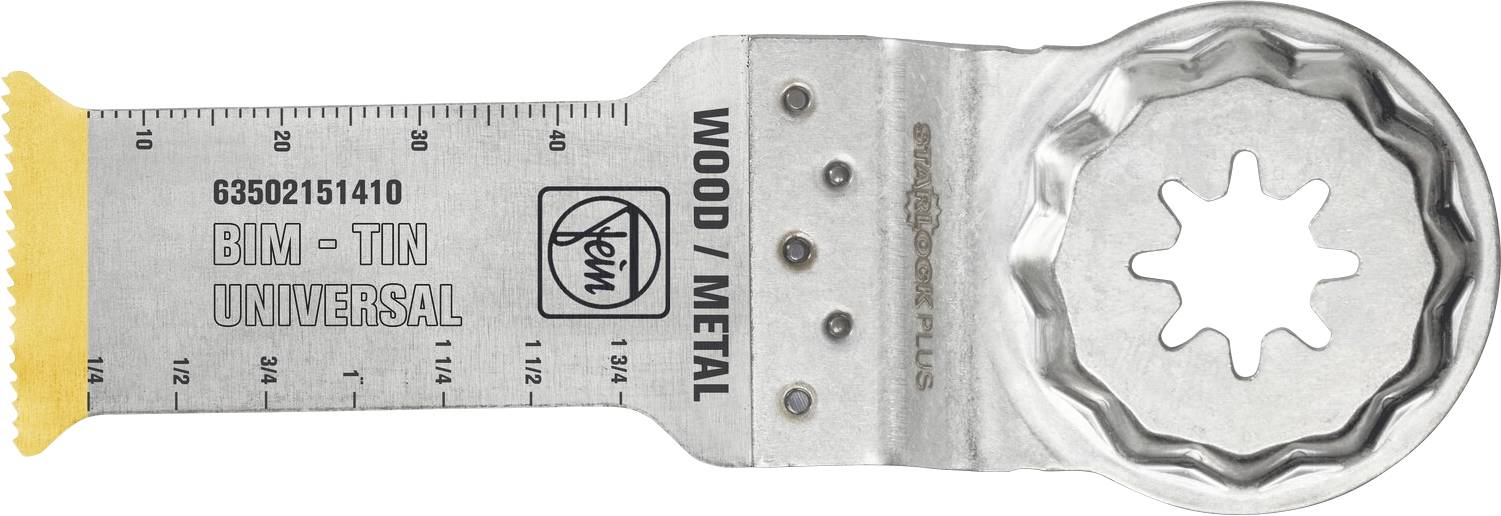 Gros plan d'une lame de multitool oscillant en argent étiquetée « WOOD/METAL » et « BIM-TIN UNIVERSAL », avec un bord de coupe jaune et un montage en forme d'étoile circulaire.