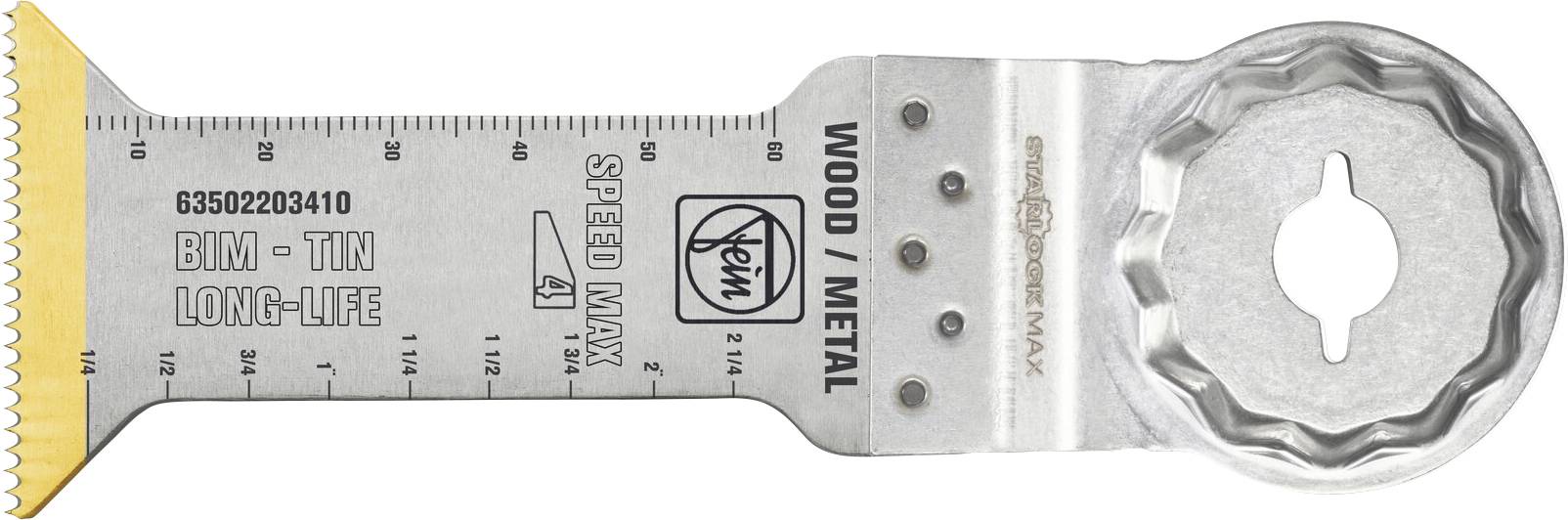 Lame de multi-outil oscillante marquée « BIM-TIN LONG-LIFE » et « WOOD/METAL », avec des graduations de vitesse et une tête de coupe argentée.