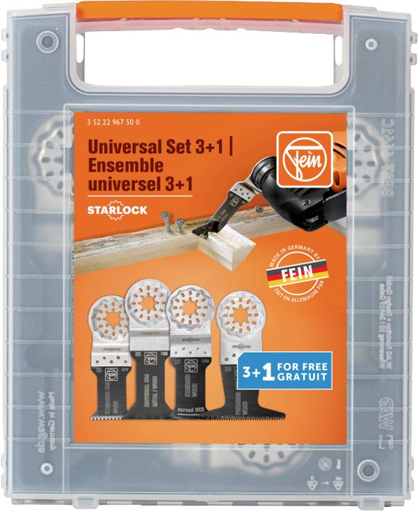 Boîtier à outils en plastique transparent avec étiquette FEIN orange pour un ensemble universel 3+1 de lames d'outil oscillant Starlock, affichant quatre lames et une application de coupe.