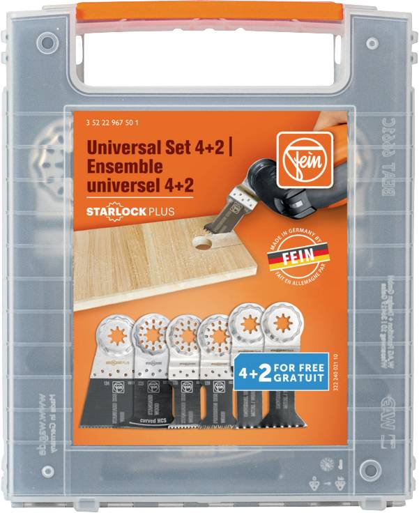 Boîtier en plastique contenant un kit d'accessoires pour outil oscillant FEIN « Universal Set 4+2 » STARLOCK PLUS, avec six lames de scie illustrées sur une étiquette orange.