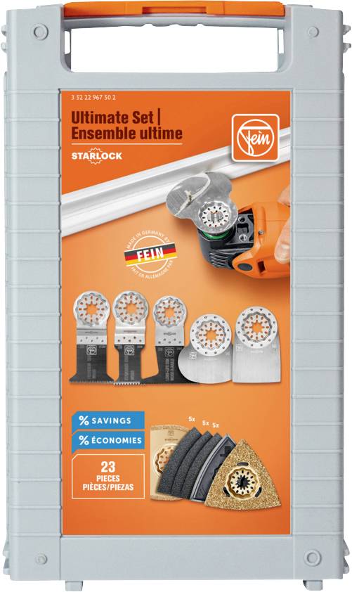 Boîte de rangement grise avec étiquette orange pour l'ensemble Fein Starlock Ultimate, affichant les accessoires de l'outil oscillant et le contenu de 23 pièces.