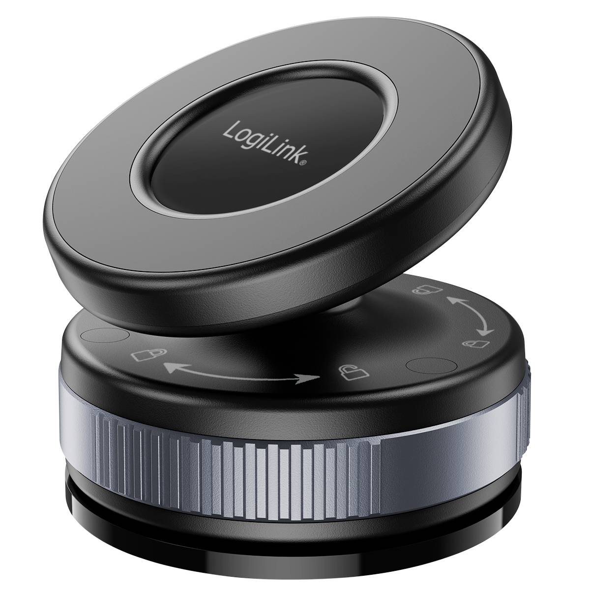 Support magnétique rotatif LogiLink pour smartphone, noir et argent, avec base pivotante et rotation ajustable.