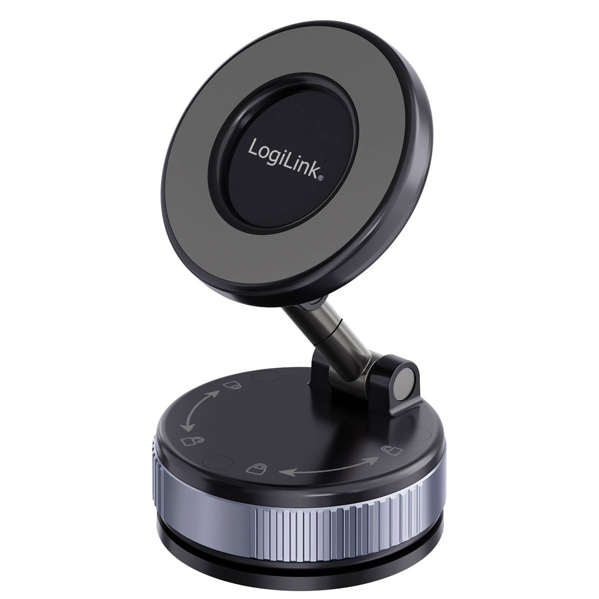Support magnétique pour téléphone LogiLink noir avec tête circulaire ajustable et base pivotante sur fond blanc.