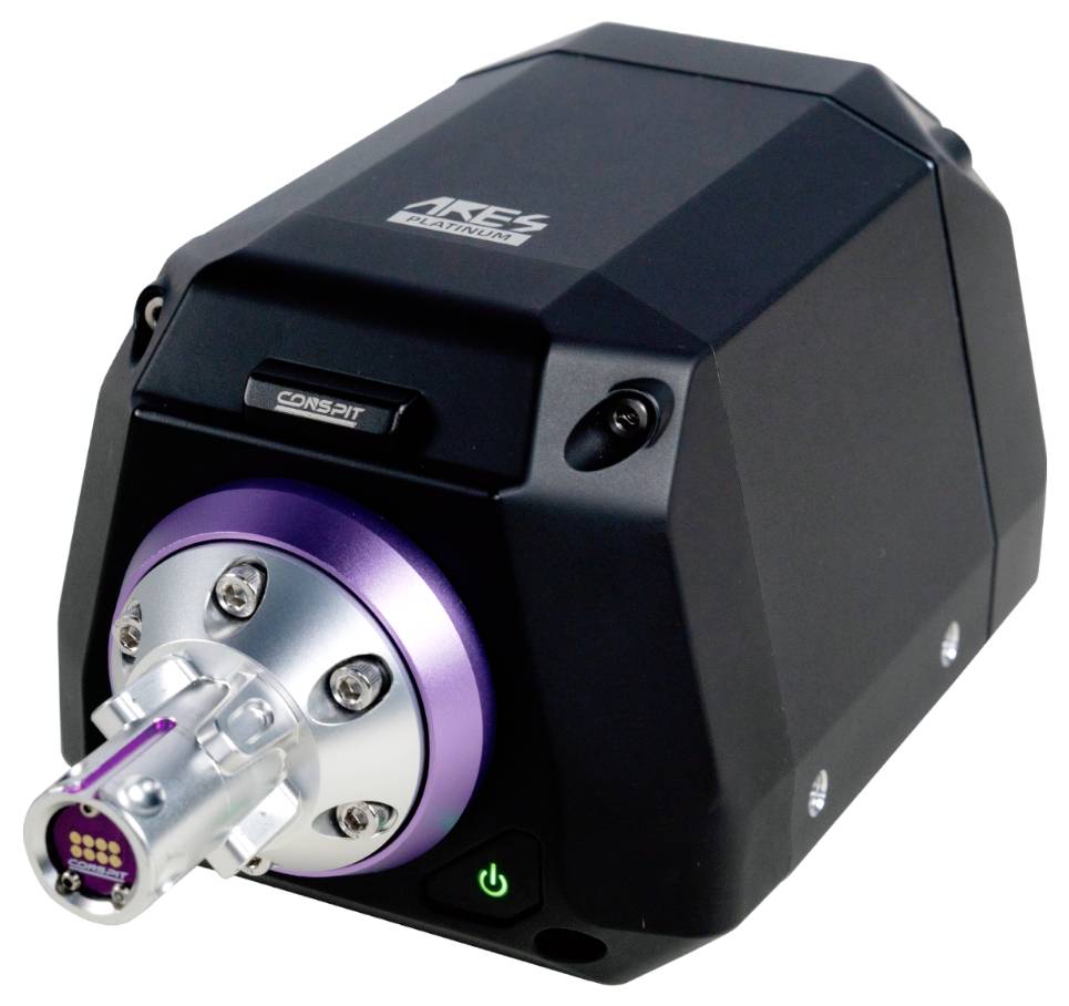 Moteur Black AXS Platinum CONS3PT avec anneau avant violet et arbre argenté, présenté sur un fond blanc.