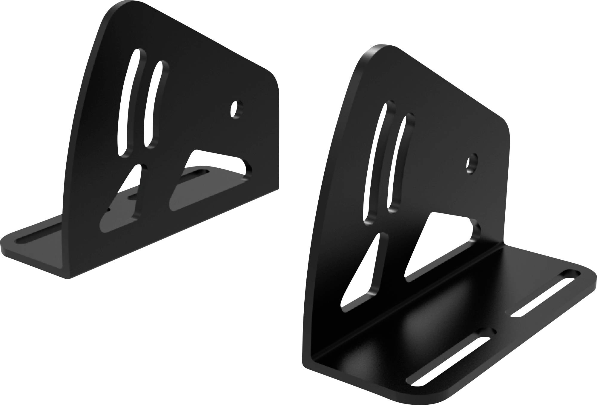 Deux supports de montage en forme de L en métal noir avec des trous oblongs et des trous de vis circulaires, présentés sous différents angles sur un fond blanc.