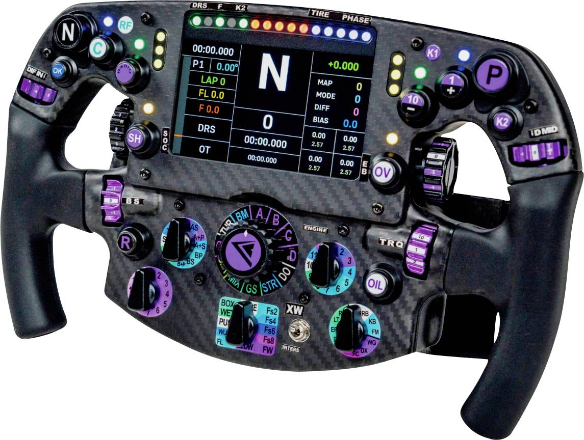 Volant de course de style Formule 1 avec plusieurs boutons de couleurs différentes, boutons rotatifs et écran numérique central affichant la télémétrie et le rapport N.