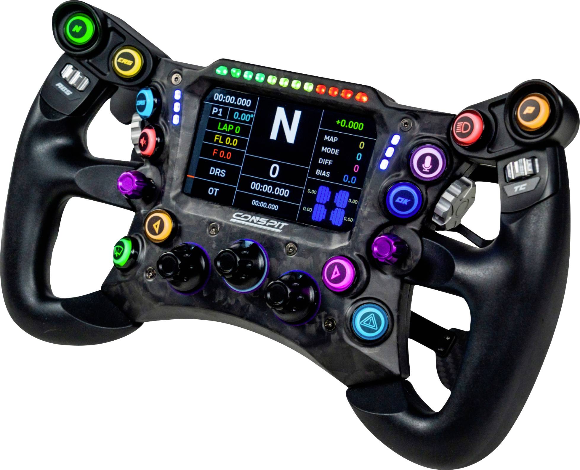 Volant de course avec écran numérique, témoins de changement de rapport, et nombreux boutons de contrôle et molettes de couleur sur un corps en fibre de carbone.