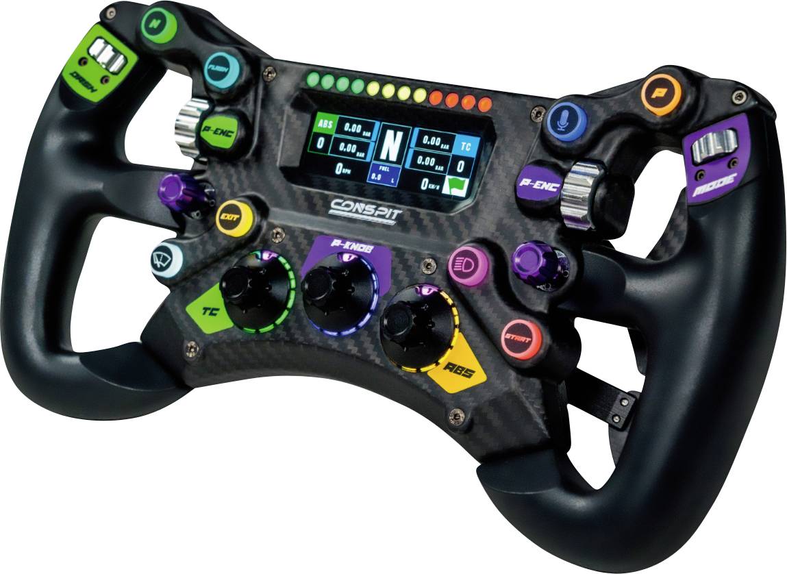 Gros plan d'un volant de simulateur de course CONSPIT noir avec un écran numérique, des boutons colorés, des cadrans rotatifs et des palettes de changement de vitesse.