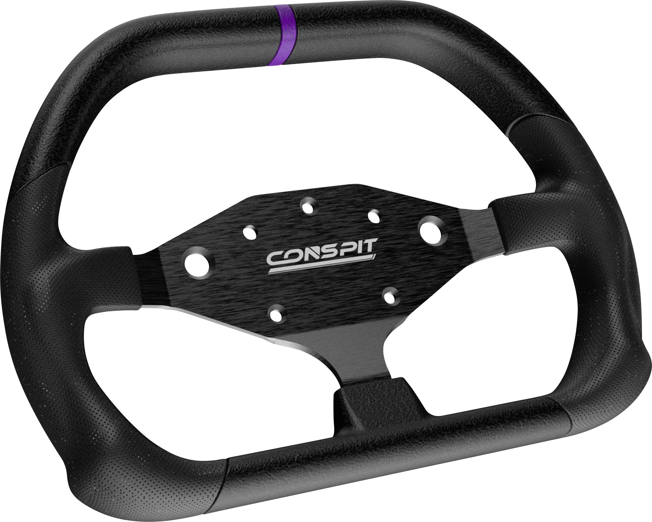 Volant de course noir avec le logo 'CONSPIT' sur le plateau central et une bande d'alignement violette en haut.