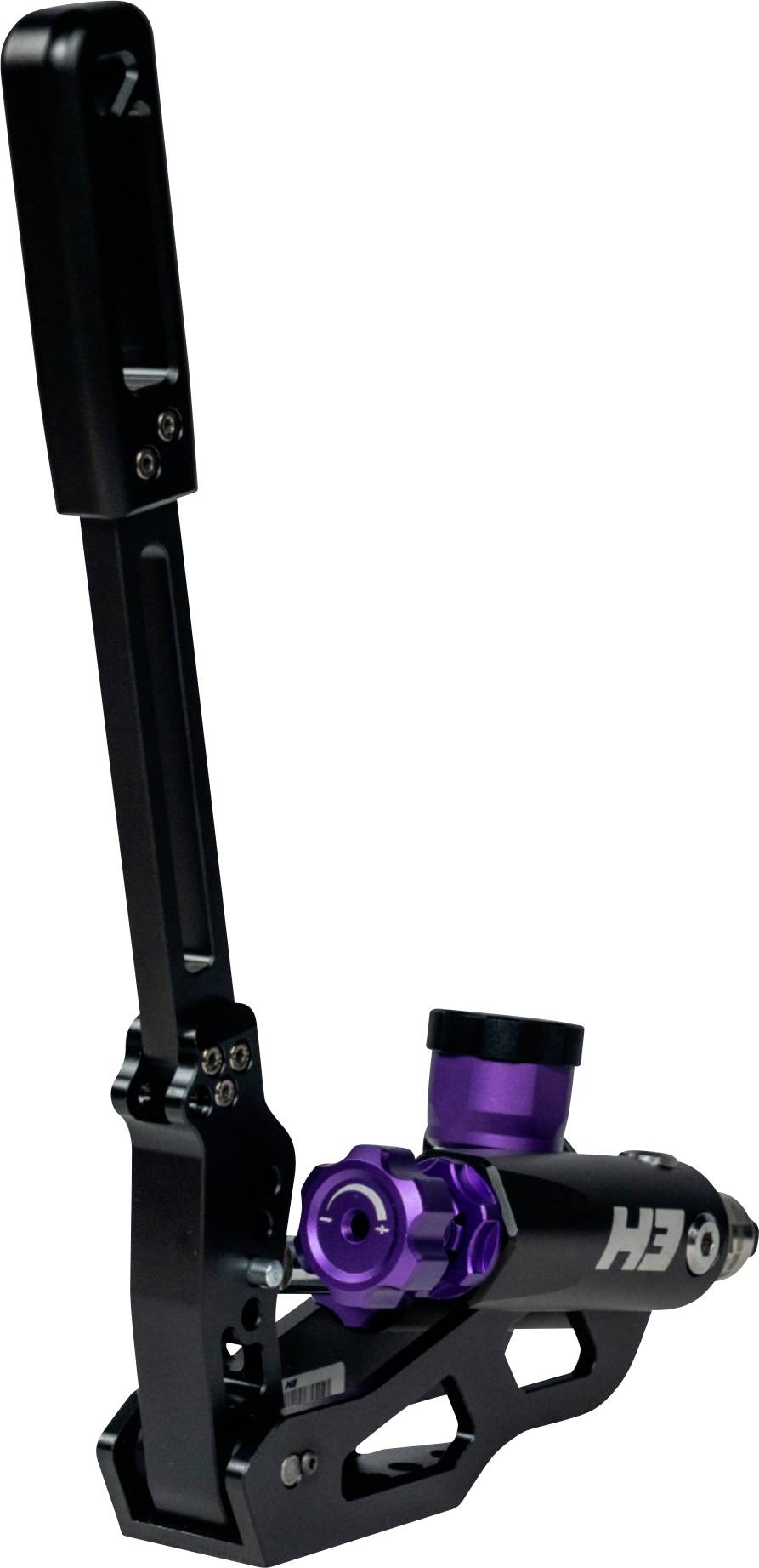 Composant de suspension mécanique pourpre et noir montré en profil, avec un long bras noir et un assemblage ajustable sur un fond blanc.