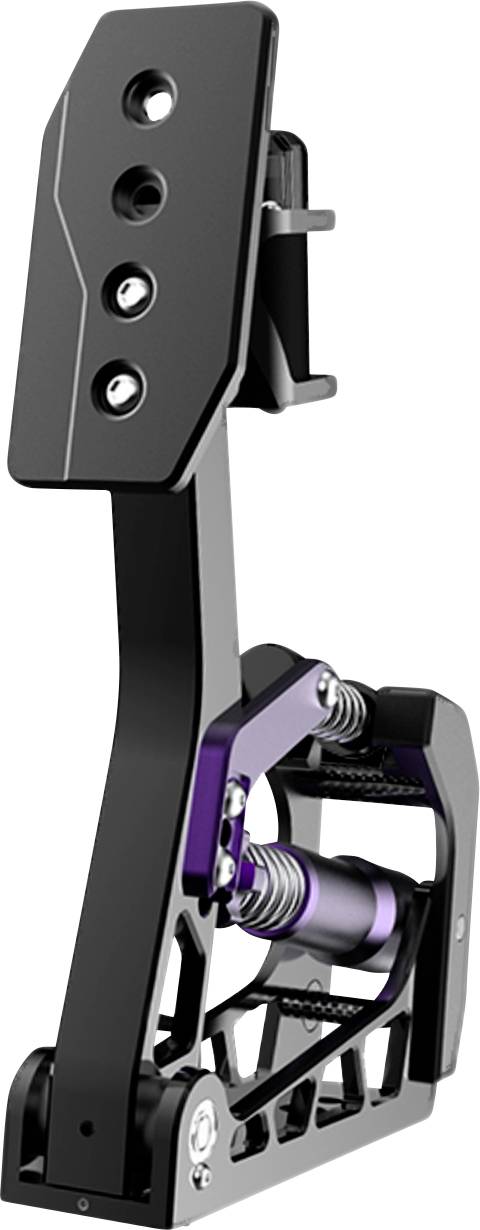 Ensemble de pédale mécanique noire avec quatre trous de montage, un bras de support courbe et un mécanisme inférieur réglable à ressort avec des accents violets.