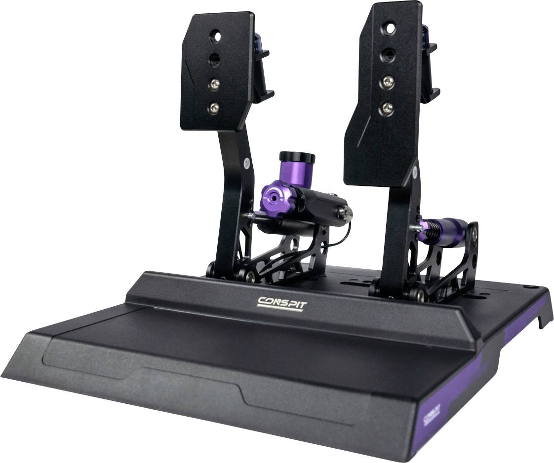 Ensemble de pédales de simulateur de course noir avec bras de pédales réglables et amortisseurs à ressorts violets sur une base de plateforme