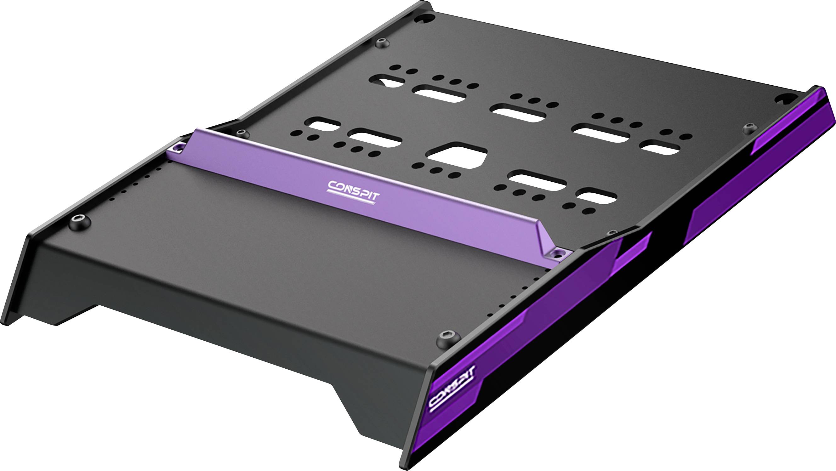 Équerre de montage en métal noir avec des accents latéraux violets et des fentes, présentée en vue en angle sur fond blanc.