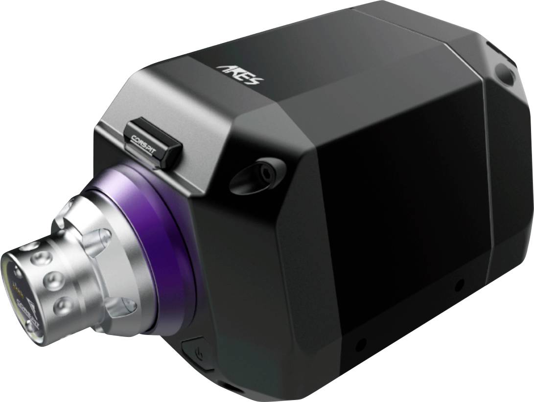 Capteur de caméra industrielle noir avec monture d'objectif en métal cylindrique et bague violette, présenté sur un fond blanc.