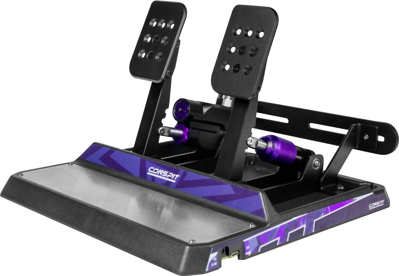 Ensemble de pédales de simulateur de course à deux pédales ajustables avec base métallique, accents violets et plateformes de pied montées sur des bras de support noirs.