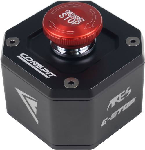 Boîte d'arrêt d'urgence E-STOP noire AKES avec un bouton rouge « ARRÊT D'URGENCE » sur le dessus.