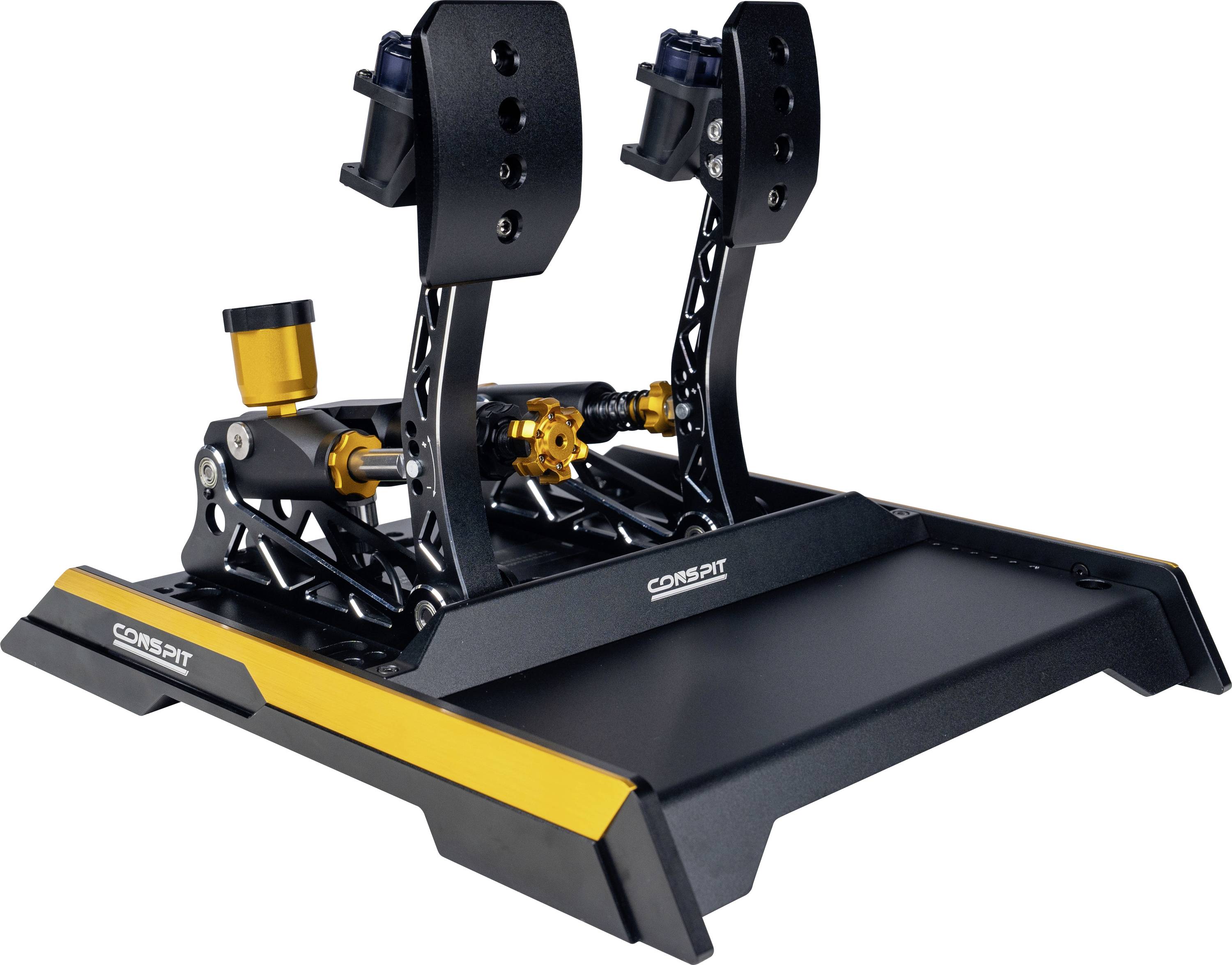 Ensemble de pédales de simulateur de course noir et jaune avec deux pédales réglables montées sur une plateforme, présenté sur un fond blanc.