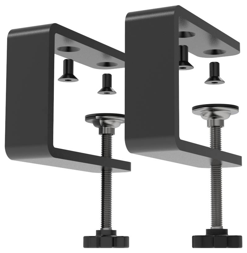 Deux supports de serrage en métal noir avec vis de réglage filetées, présentés côte à côte sur un fond blanc.