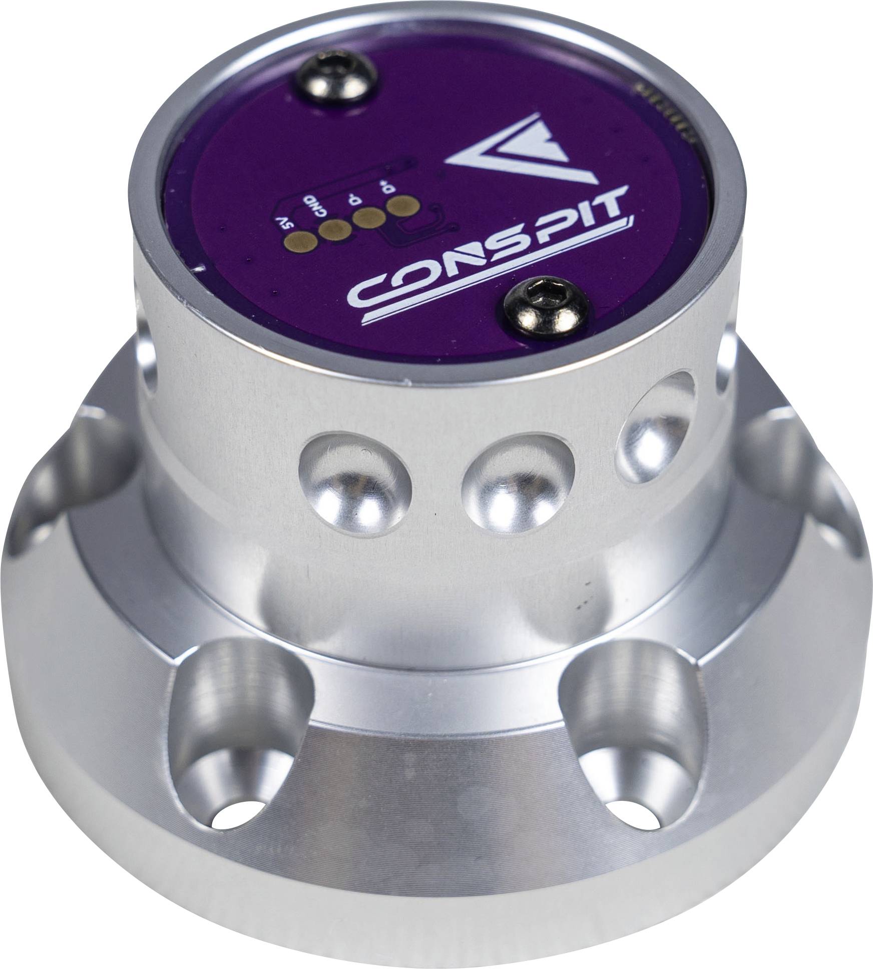 Gros plan d'un capteur industriel cylindrique en argent avec un sommet violet étiqueté « CONSPIT » et des voyants indicateurs, présenté sur une base de montage.