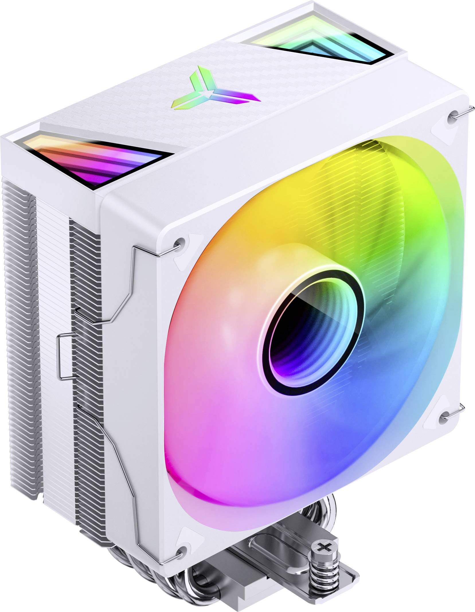 Un ventilateur de refroidissement informatique blanc avec une pale arc-en-ciel RGB et des panneaux supérieurs éclairés par LED, présenté comme un rendu de produit 3D.