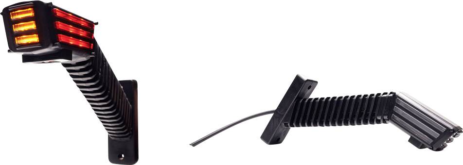 Deux luminaires muraux noirs ajustables avec des bras flexibles nervurés et des têtes de lampe éclairées en orange, présentés en vues latérale et frontale.