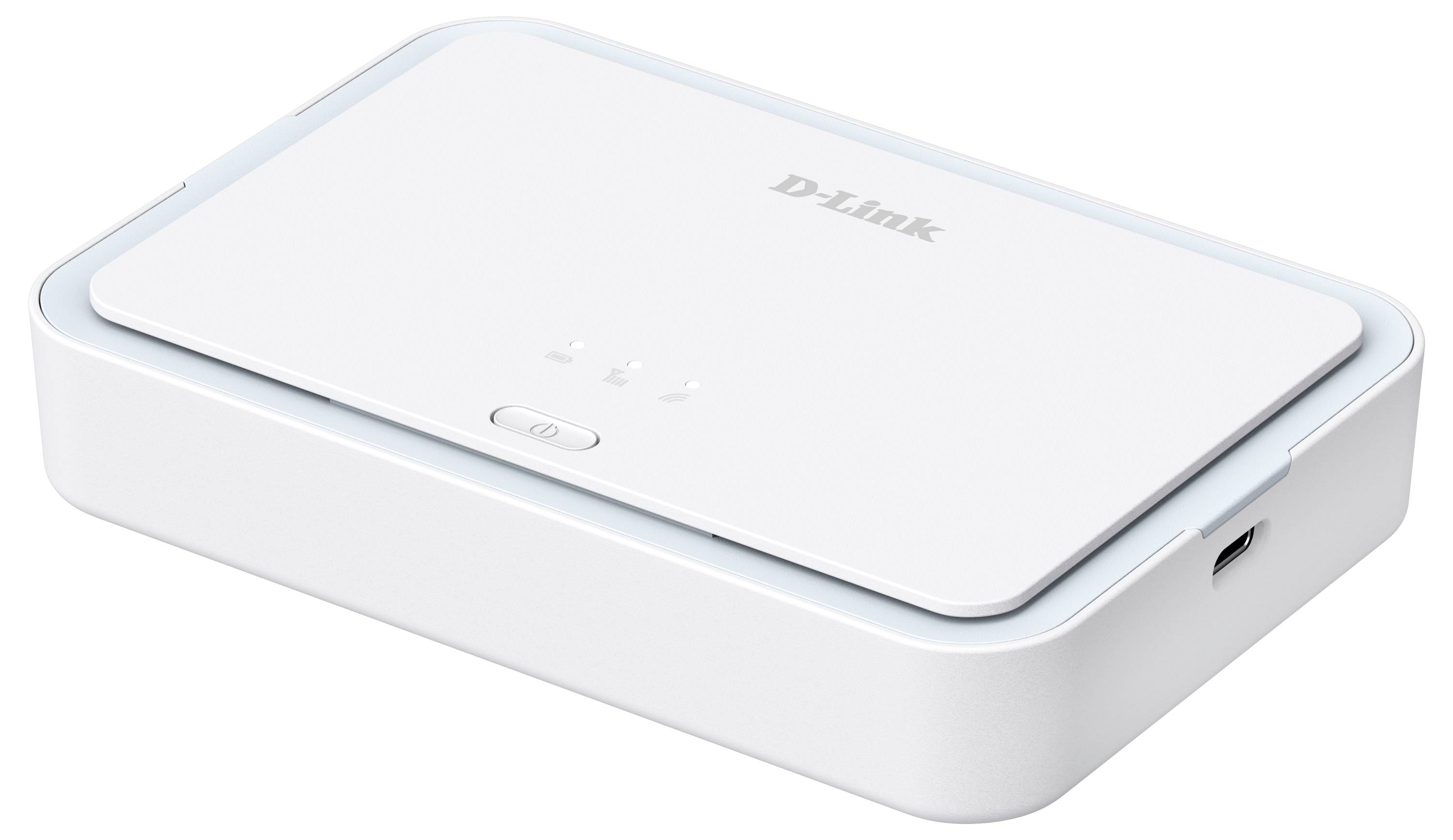 Appareil de mise en réseau D-Link blanc avec un seul bouton d'alimentation et des voyants lumineux, présenté dans une vue à trois quarts.