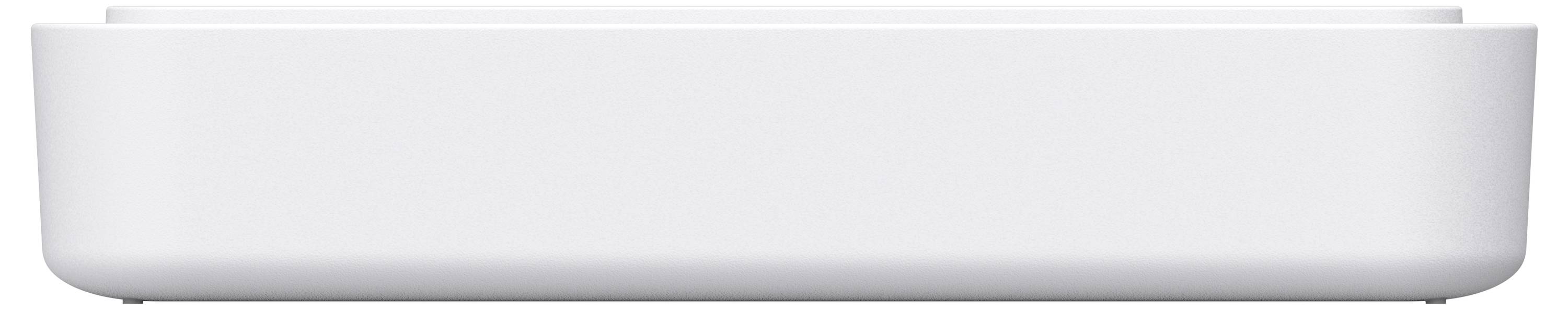 Appareil ou dispositif rectangulaire blanc avec des bords arrondis, montré de face sur un fond clair.