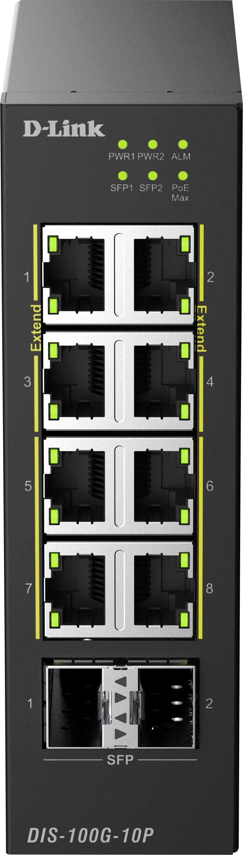Vue de face d'un commutateur réseau industriel D-Link DIS-100G-10P avec huit ports Ethernet, deux emplacements SFP et des LED d'état.