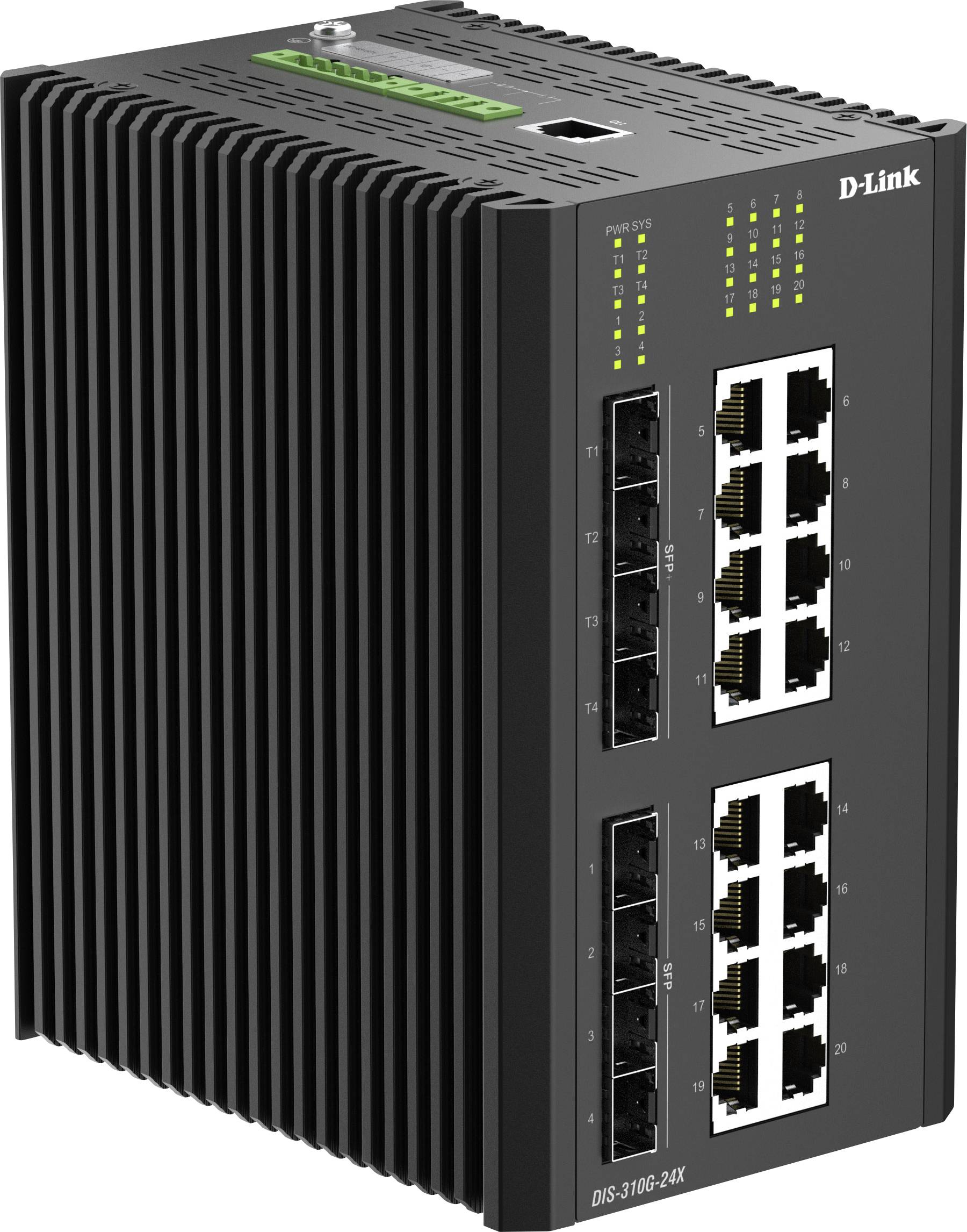 Commutateur Ethernet industriel D-Link avec 16 ports et voyants d'état, présenté dans un boîtier métallique noir à nervures.