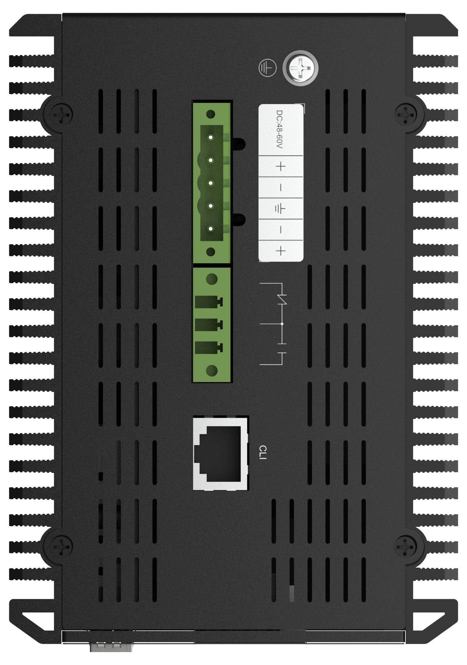 Contrôleur industriel rectangulaire noir avec ailettes de refroidissement, blocs de terminaux verts, un petit panneau d'affichage, et un port Ethernet sur la façade.