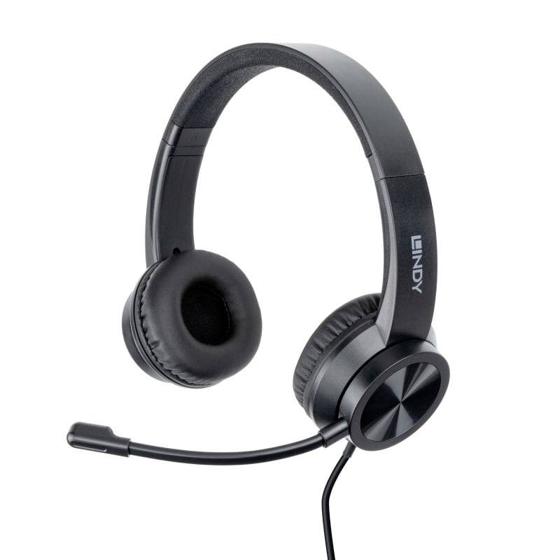 Casque audio noir serre-tête avec microphone à perche et marquage LINY sur fond blanc.