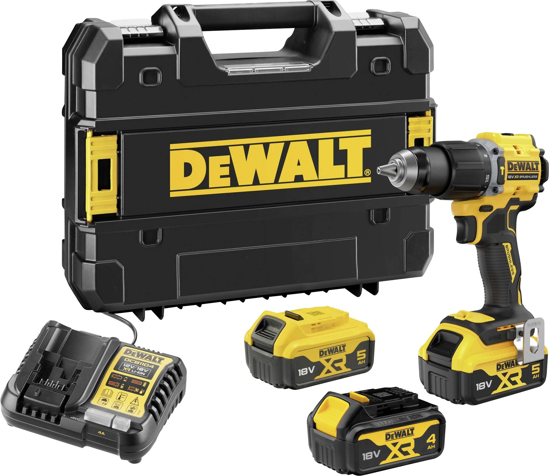 DEWALT 18V cordless drill kit with hard case, charger, and two batteries displayed on a white background.