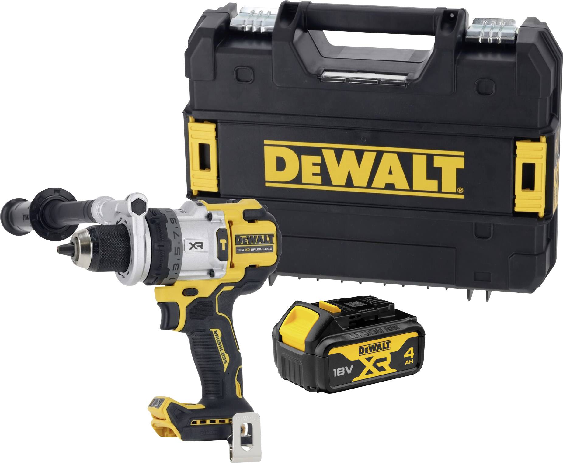 DeWalt cordless drill with side handle, battery pack, and hard carrying case on a white background.