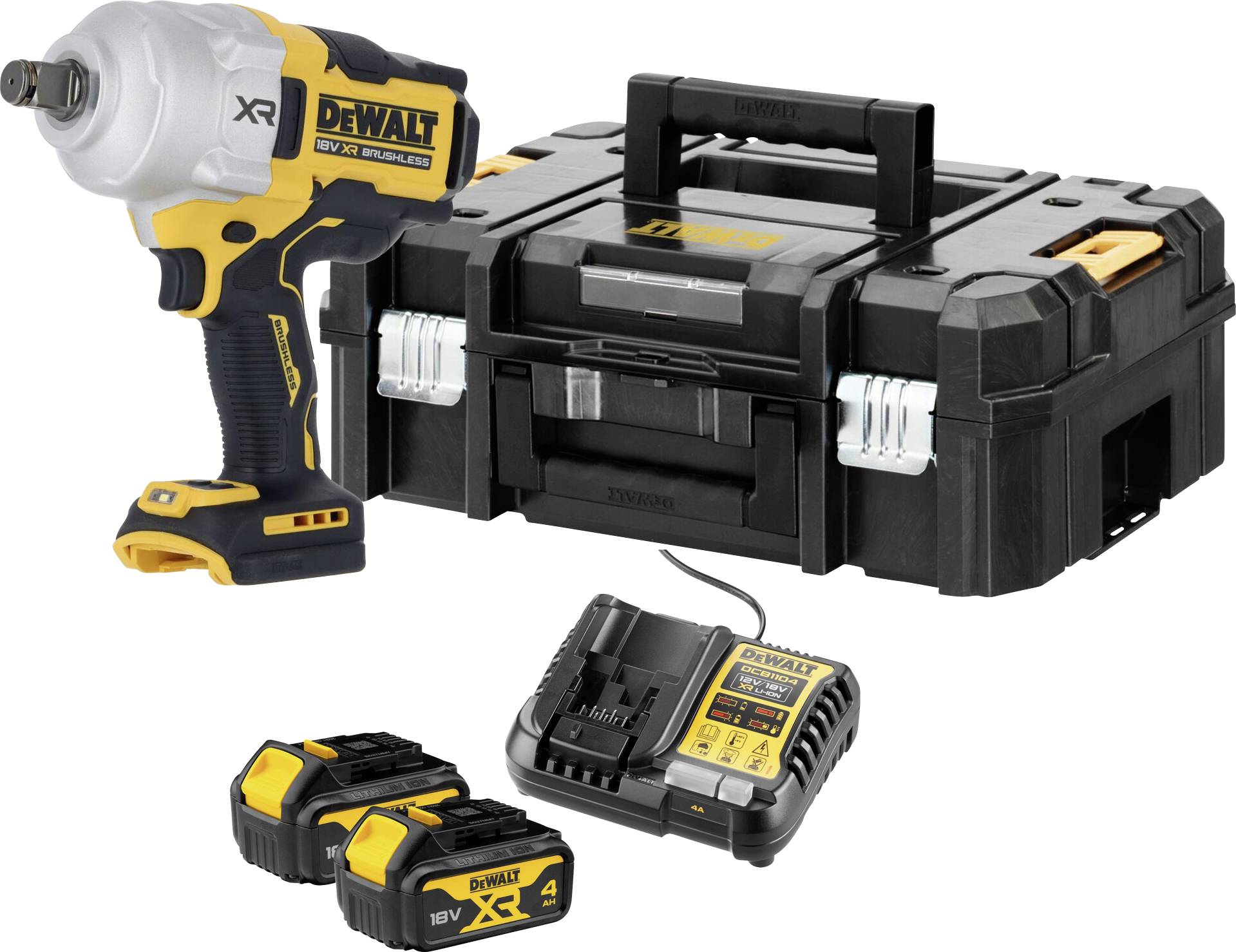 DeWalt 20V XR kabelloses Schlagschrauberset mit zwei Batterien, Ladegerät und Aufbewahrungskoffer auf weißem Hintergrund