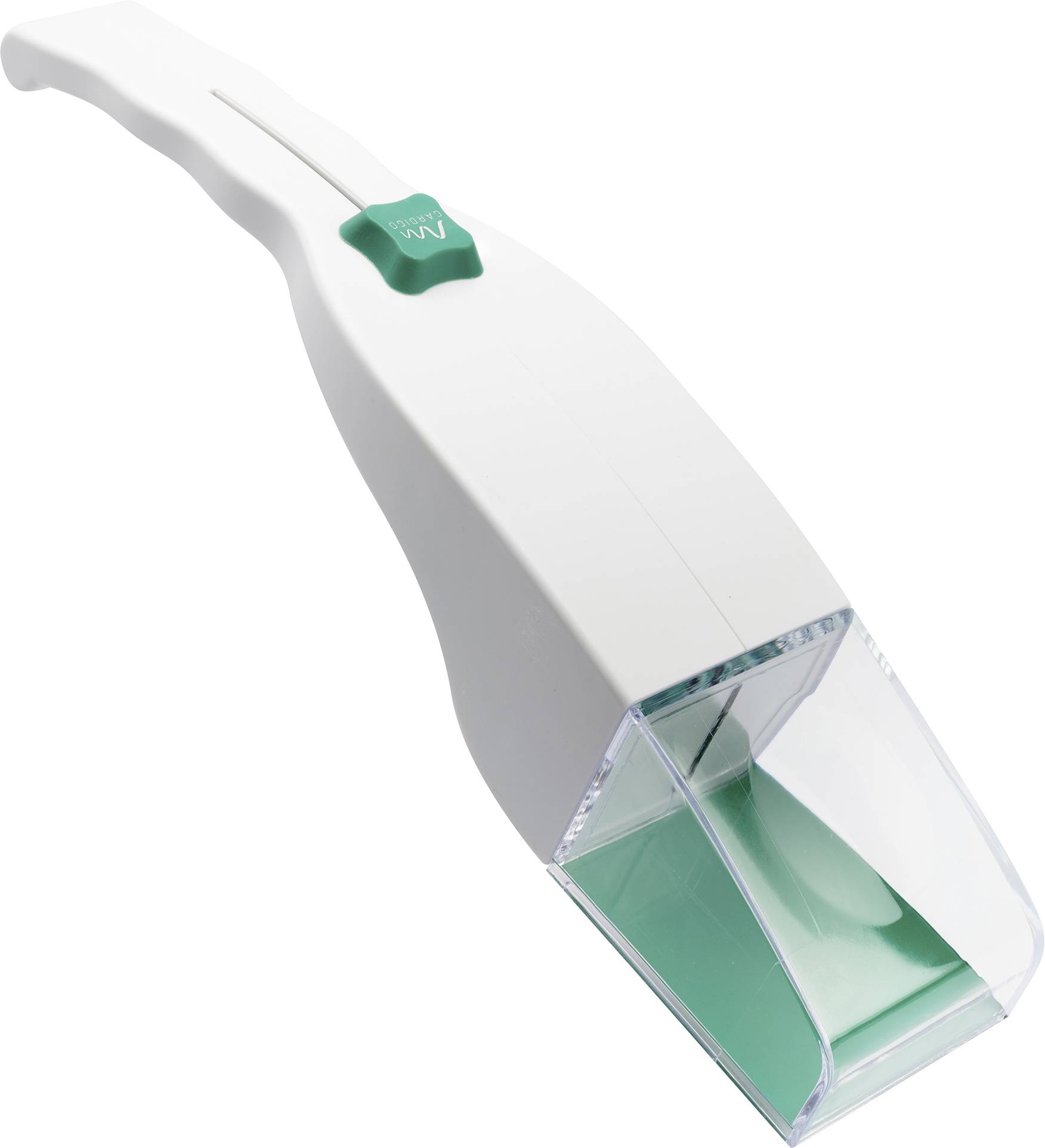 Appareil de nettoyage dentaire blanc tenu à la main avec un bouton « eau » vert et une pointe de buse transparente sur un fond uni.