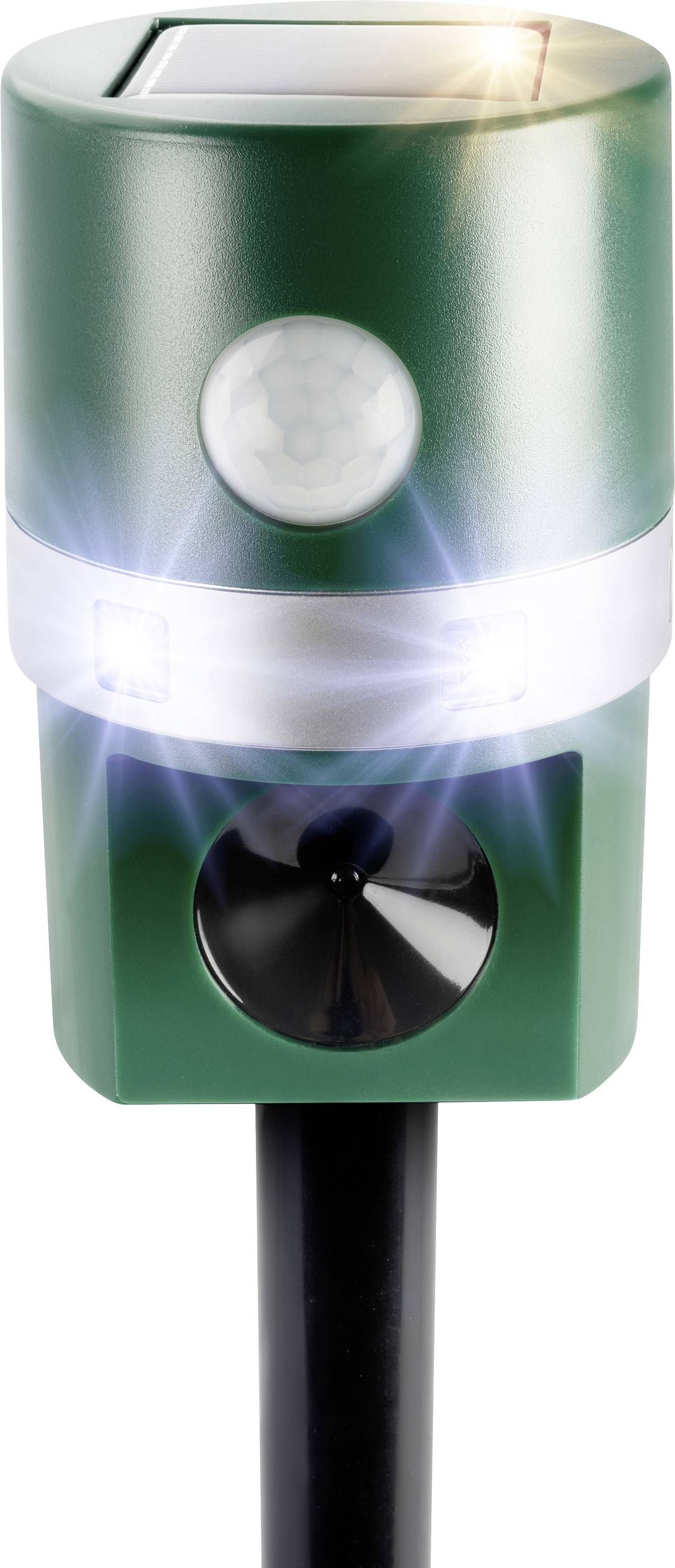 Feu d'avertissement extérieur cylindrique vert sur un poteau noir, avec un capteur circulaire ou un indicateur au centre et une lentille inférieure brillante.