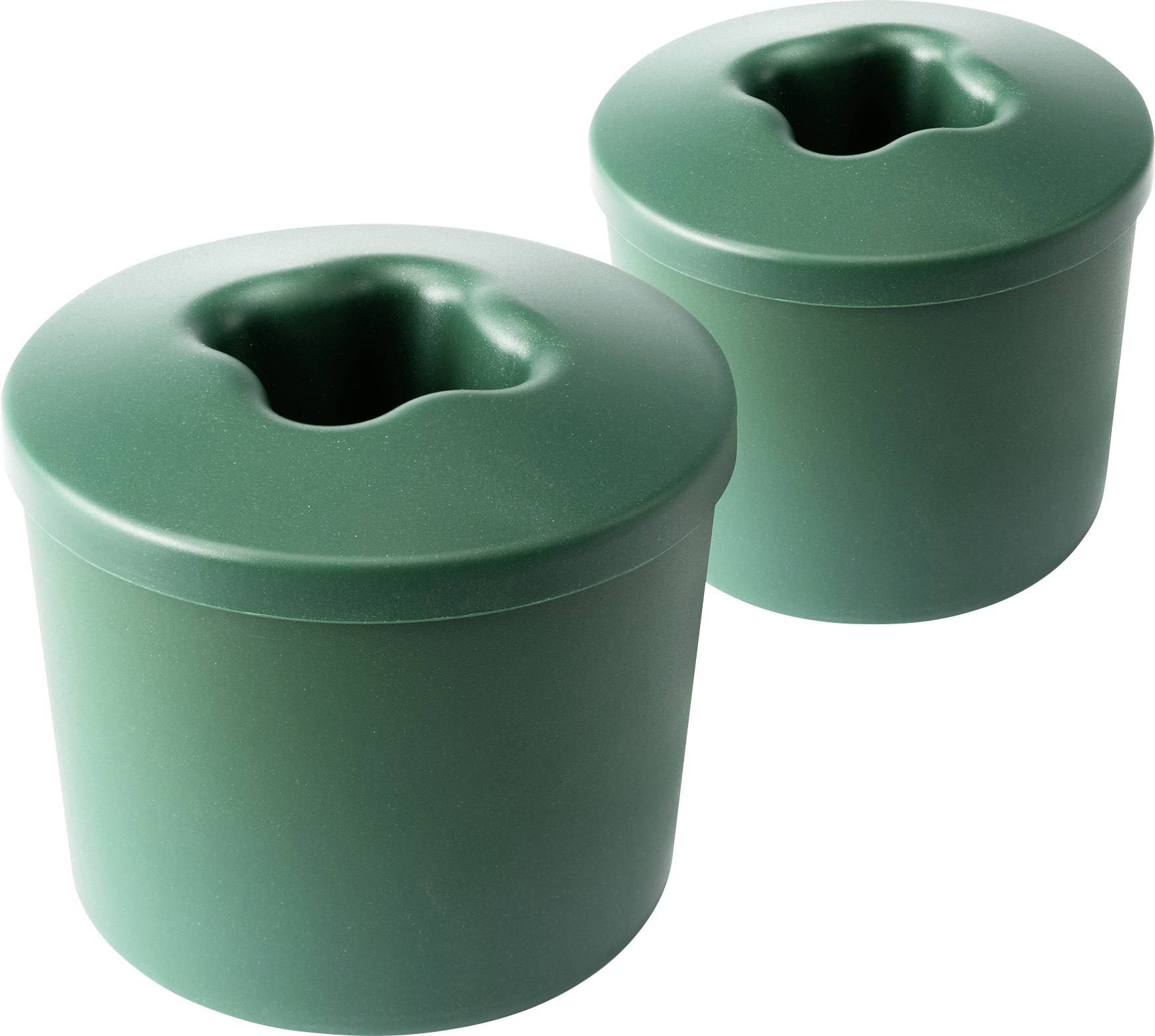 Deux tasses cylindriques en caoutchouc vert avec des ouvertures en forme d'étoile sur le dessus, présentées sur un fond blanc.