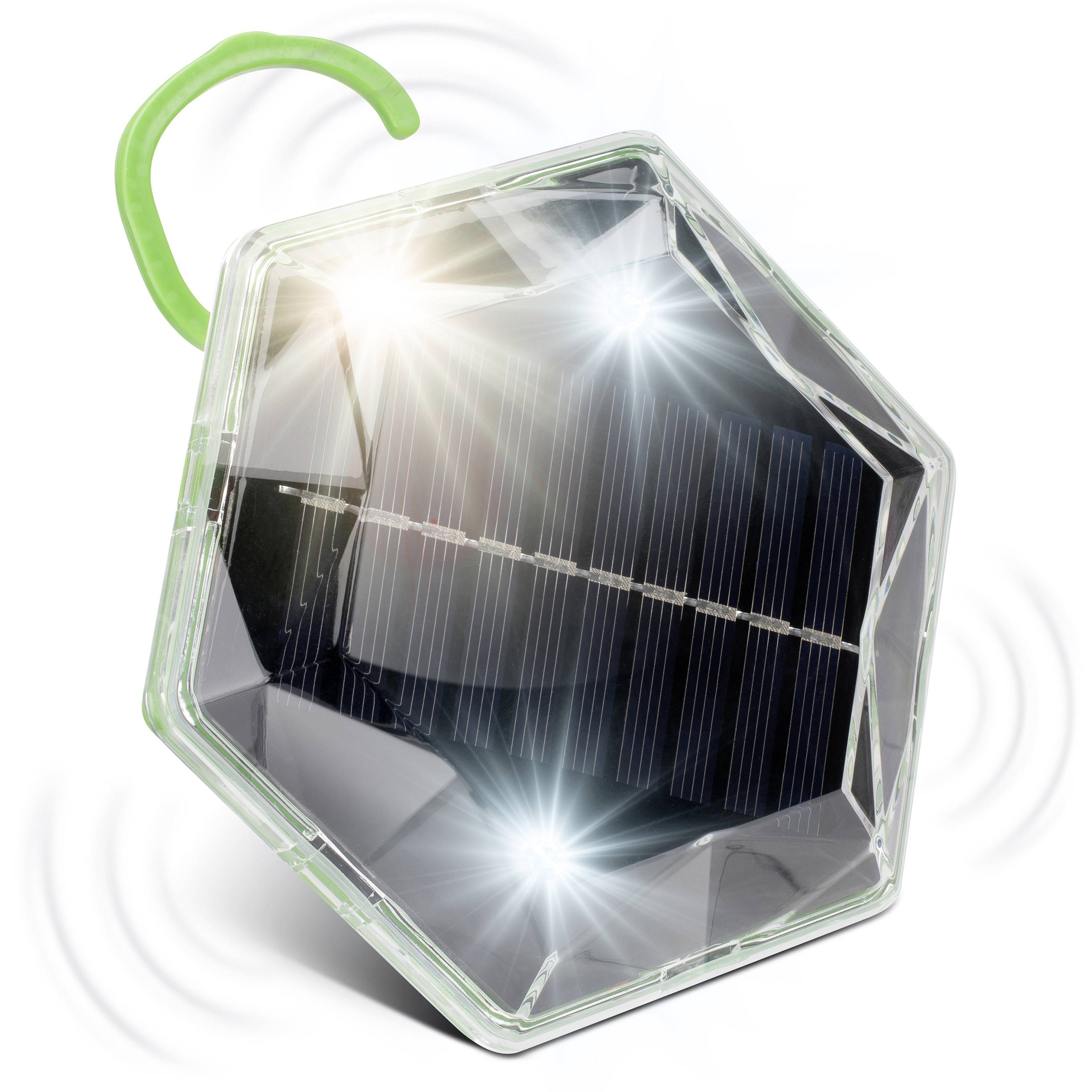 Panneau solaire intégré dans une poignée de parapluie à facettes translucides, suggérant un dispositif alimenté par l'énergie solaire ou de récupération d'énergie.