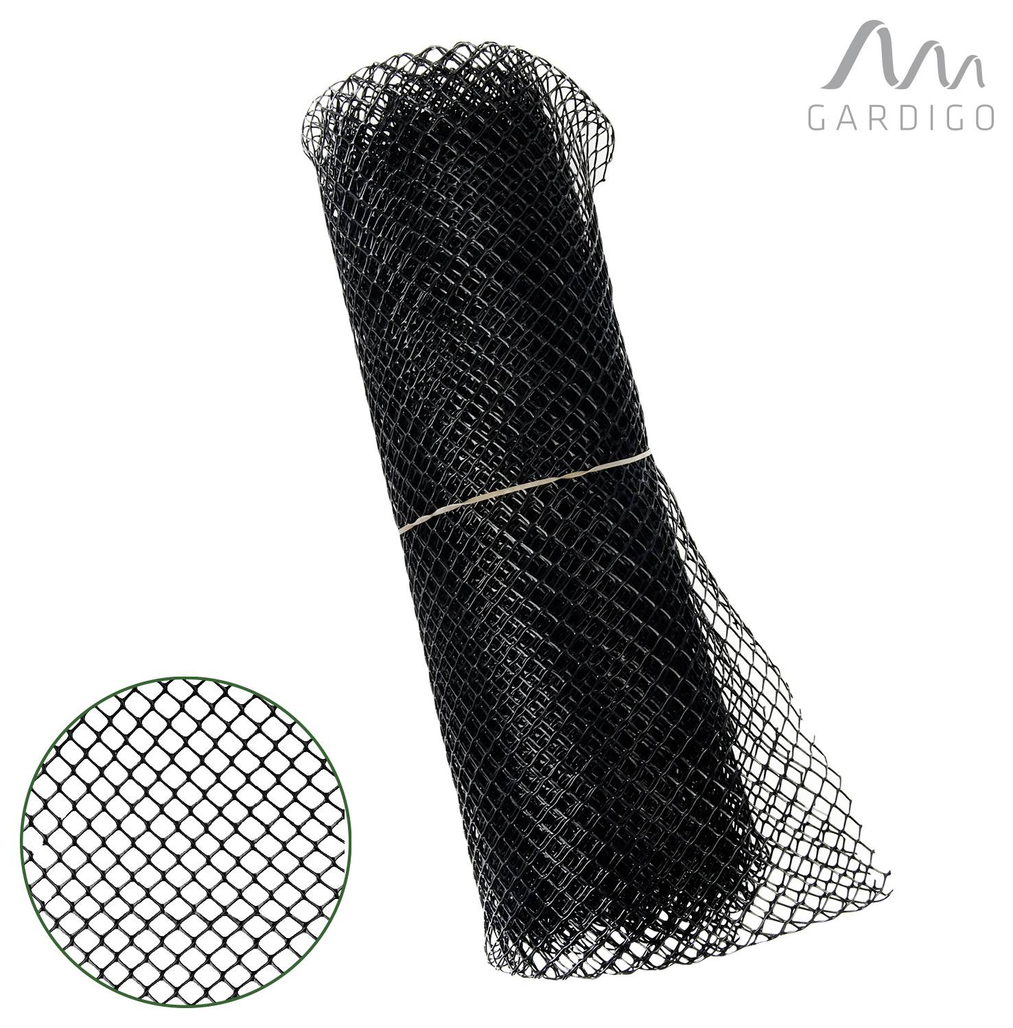 Rouleau de filet de maillage en plastique noir attaché avec une bande, montré avec un gros plan du motif de maillage et du logo Gardico.