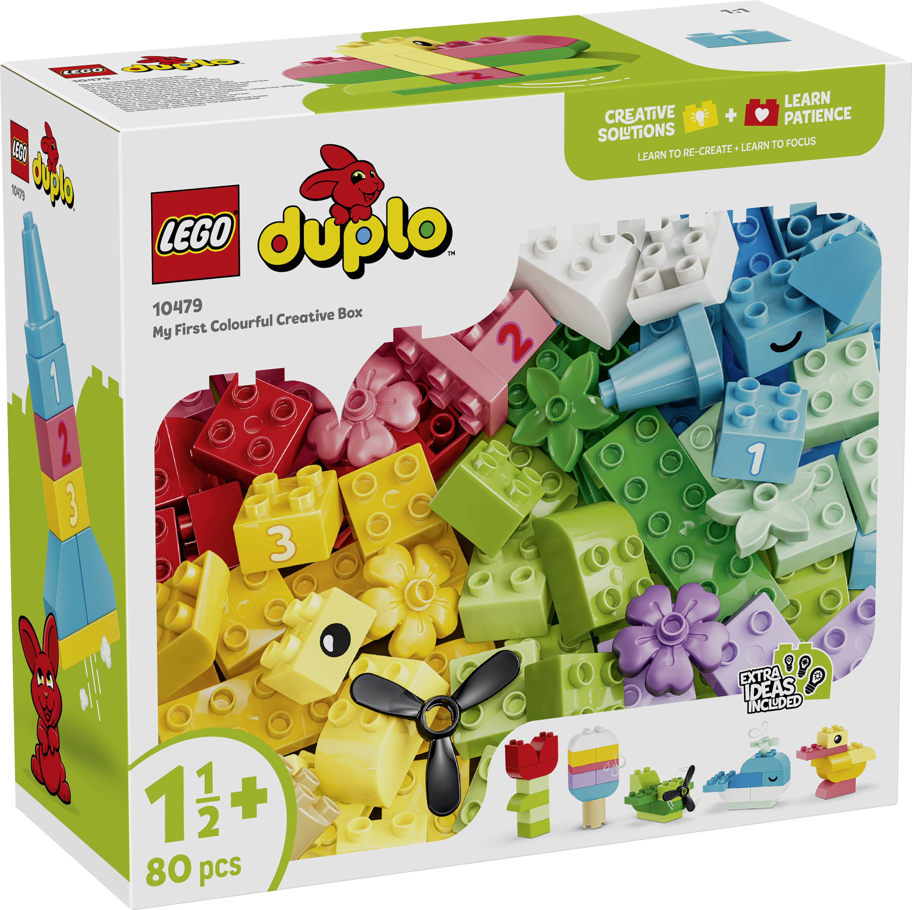 LEGO Duplo « Ma Première Boîte Créative Colorée » pour les enfants à partir de 1,5 ans, présentant 80 pièces de construction colorées et des modèles d'exemple.