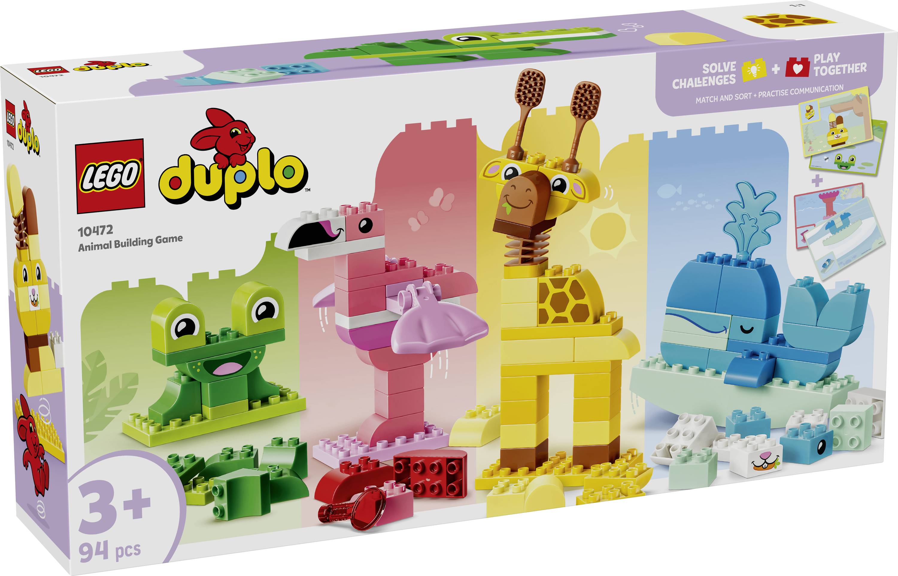 Boîte LEGO Duplo « Jeu de Construction d'Animaux » présentant des animaux colorés à construire : grenouille, flamant rose, girafe et baleine, pour enfants de 3 ans et plus avec 94 pièces.